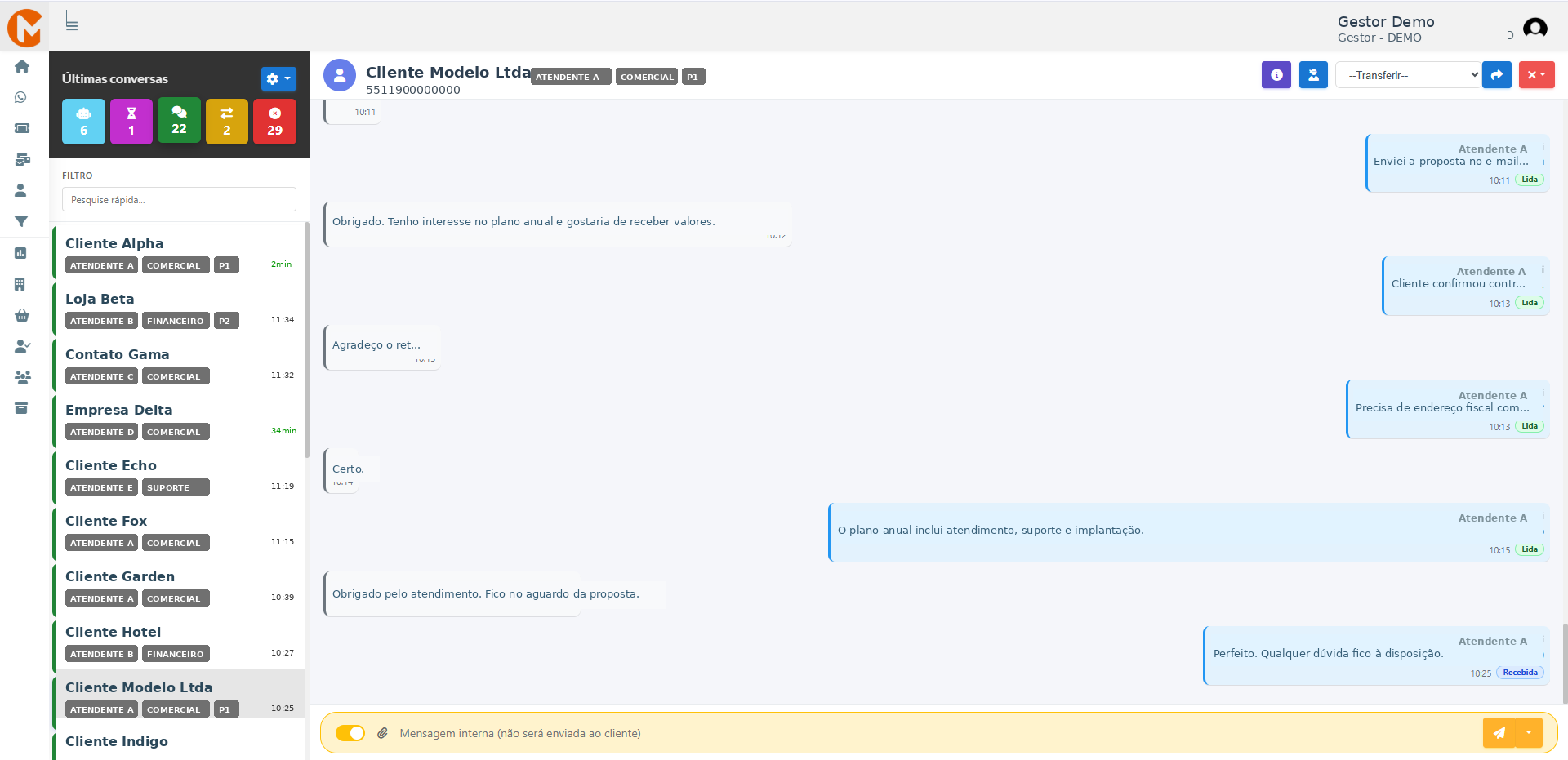 Tela de atendimento — conversa no WhatsApp Corporativo